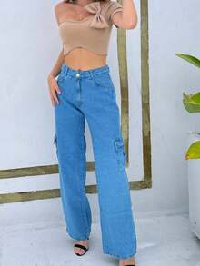 Women's Cargo Jeans Medium Wash/Delicate/Blue Fashion Style - Rửa trung bình - Xem 4