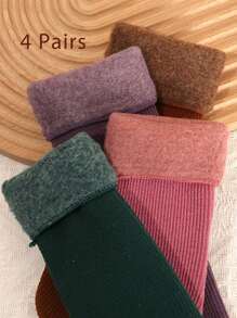 4 双儿童厚款保暖内衬纯色雪地袜，男女通用