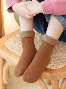 4 双儿童厚款保暖内衬纯色雪地袜，男女通用