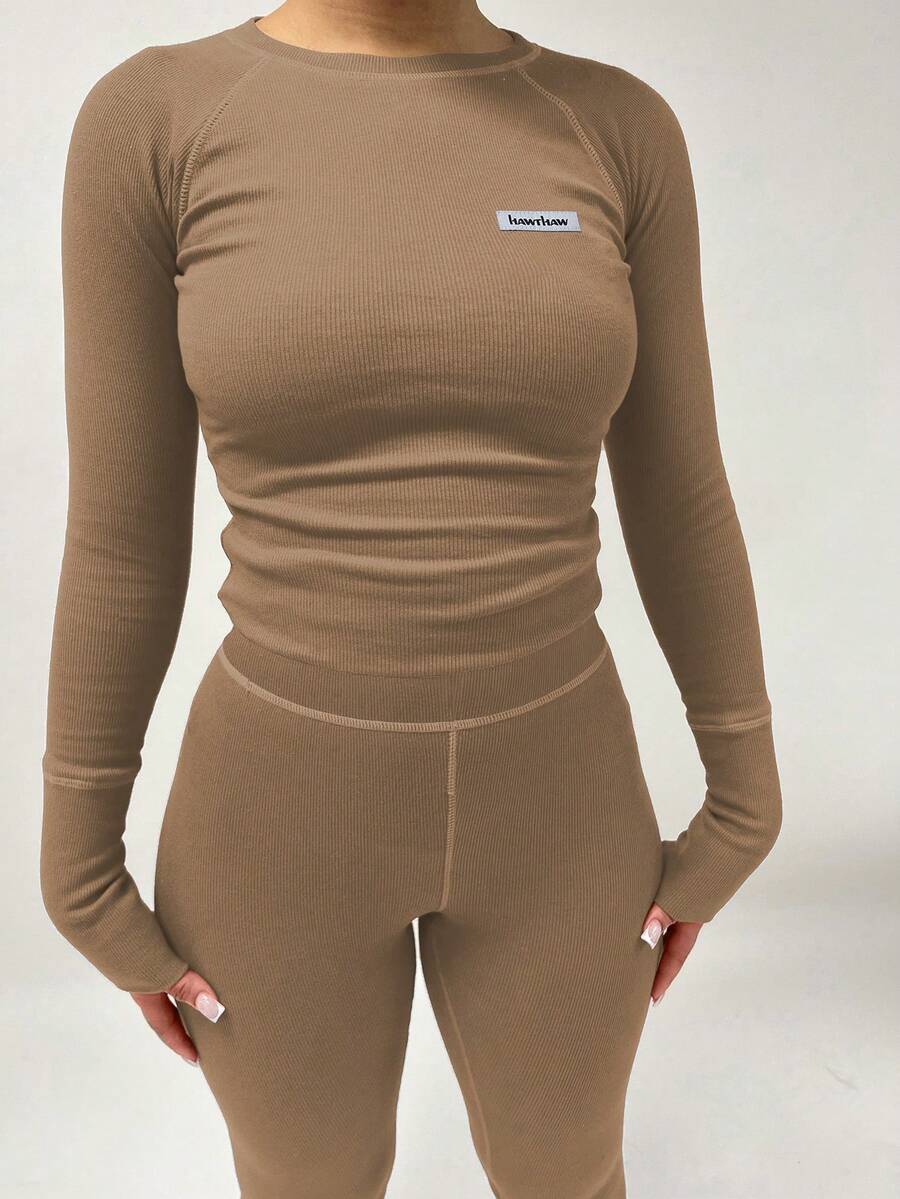 Set de tricou și jambiere cu mânecă lungă cu mânecă lungă, cu aplicații de damă, 2 buc - Kaki - Vizualizare 1