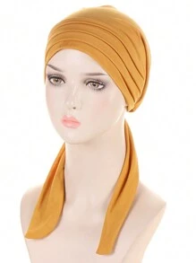 1pc Solid Color Linen Crystal Stripe Long Tail Turban Hat, Cancer Headscarf For Women Halloween - A - View 13