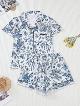 2pcs/Set Cute Plant & Floral Print Women's Sleepwear Set - Short Sleeve Lapel Cardigan Top & Relaxed Elastic Waist Shorts, Casual Loungewear For Women,Two Pieces Set