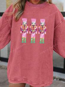 Sweat-shirt rond à encolure ronde avec décoration de casse-noisette de Noël à paillettes et épaules tombantes