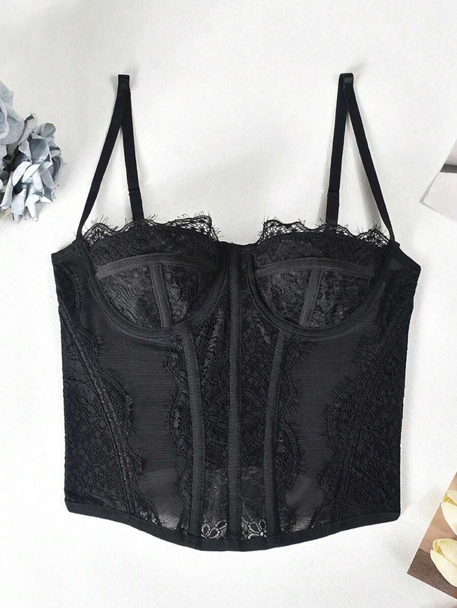 Lace Mesh Corset Top with Lace-Up Front - Night Out Energy