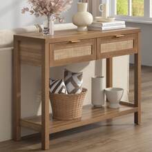 SICOTAS Rattan Console Table With Drawers, Wood Narrow Sofa Table Entryway Table For Hallway, Living Room - Oak - View 2