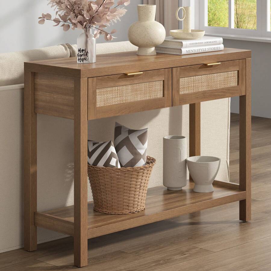 SICOTAS Rattan Console Table With Drawers, Wood Narrow Sofa Table Entryway Table For Hallway, Living Room