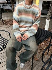 彩虹渐变条纹粗针织圆领毛衣，柔软蓬松羊毛混纺，保暖宽松套头衫，男士，圣诞毛衣，新年长袖上衣 - 彩色 - 查看 4