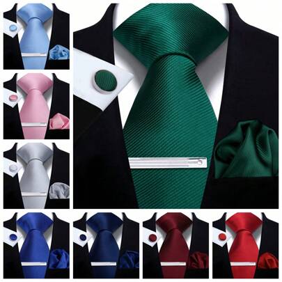 1set Men's Necktie, Pocket Square, Cufflink And Tie Clip Set, Solid Striped Polyester Ties For Men, All Season, Parties And Celebrations, Casual