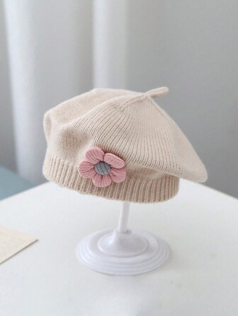 1pc 0-3 Years Old Baby & Toddler Beret Hat, Cute Unisex Kids Knitted Cap, Floral & Solid Color, Warm For Spring & Winter