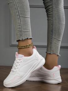 Women Waterproof Leather Non-Slip Casual Sneakers, Black Sports Shoes For Traveling, Shock Absorbing & Comfortable Outdoor Fitness Shoes - White - View 5