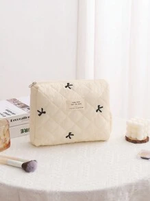 Women's Bow Embroidered And Quilted Makeup Bag Sets, Cute Macaron Color Large Capacity Cosmetic Bag, Lightweight Fluffy Filling Toiletries Bag For Travel Storage,Daily Use. For School Cosmetic Bag Back To School Supplies Cosmetic Storage School Stuff Bag Organizer Room Stuff Travel Essentials Make Up Bag Holiday Essentials Makeup Bags Makeup Pouch Makeup Organizer Holiday Winter Make Up Organizer Makeup Storage Valentines - Beige - View 7