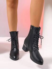 Women's Plus Size Boots, New Autumn/Winter Fashion Rhinestone Decor Chunky Heel Pointed Toe Side Zipper Ankle Boots