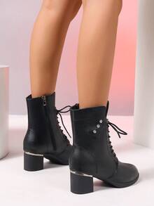 Women's Plus Size Boots, New Autumn/Winter Fashion Rhinestone Decor Chunky Heel Pointed Toe Side Zipper Ankle Boots