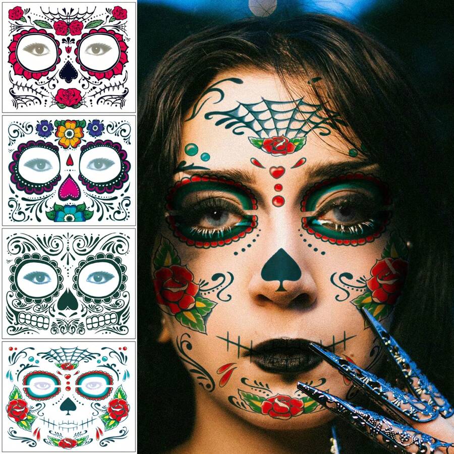 4pcs Halloween & Day Of The Dead Waterproof Temporary Face Tattoos Stickers - Realistic, Colorful Makeup Stickers For Parties & Pranks - Multicolor - View 1