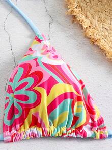 2pcs Women's Solid Color Splice Bikini Top And Bottom Swimwear Set, Sexy - Multicolor - View 6