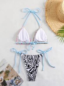 2pcs Women's Solid Color Splice Bikini Top And Bottom Swimwear Set, Sexy - Multicolor - View 2
