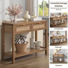 SICOTAS Rattan Console Table With Drawers, Wood Narrow Sofa Table Entryway Table For Hallway, Living Room - Oak - View 8