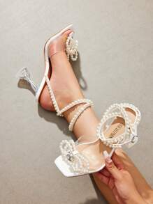 Women Pyramid Heeled Sandals With White Peal Bow Knot Embellished Fashion Peep Toe Transparent Heel Sandals For Party Wedding Prom - 白色珍珠 - 查看 8