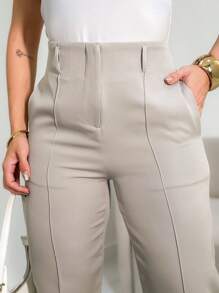 FASHION MO FEMININE - 3283 Tailored Pants, High Waist, With Side Pockets, Straight Leg, Elegant, Formal, Modern, Blogger, Vibrant Colors National Shipping New Collection - Grey - View 3