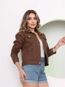 Women's Fashion Denim Jacket - Coffee Brown - View 2