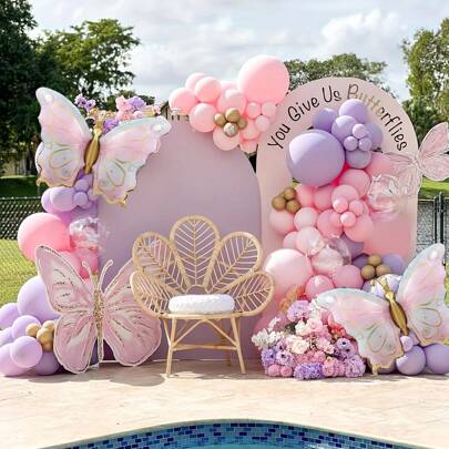 139 قطعة من بالونات الألمنيوم الشفافة بأشكال الفراشات وبالونات الفقاعات بألوان الماكرون الوردي والبنفسجي، مجموعة إكليل من الزهور و 12 قطعة من ملصقات فراشات 4D، مناسبة لحفلات الأعراس والمناسبات تزيين عيد الميلاد، حفلات الزفاف والخطوبة والأعياد السنوية