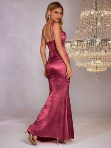 PARTHEA Vestido largo de satén jacquard con espalda descubierta y lazos cruzados