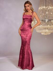 PARTHEA Vestido largo de satén jacquard con espalda descubierta y lazos cruzados