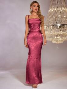 PARTHEA Vestido largo de satén jacquard con espalda descubierta y lazos cruzados