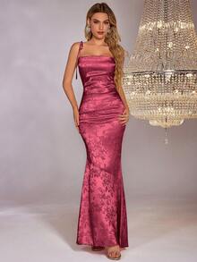 PARTHEA Vestido largo de satén jacquard con espalda descubierta y lazos cruzados