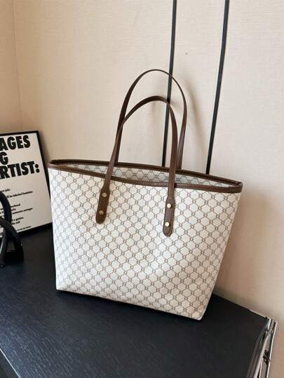 Fully Printed Shoulder Tote Bag, Mother's Day Gift, Retro Letter Print Handbag, Large Capacity Shoulder Bag, Essential Underarm Bag For Commuting