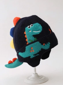 1pc Thick Double Layer Soft & Absorbent Knit Dinosaur Earflap Hat, Suitable For Children Outdoor, Walking, Playing, Skiing And Skating