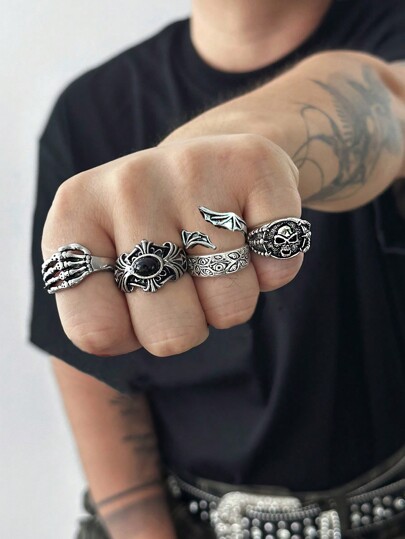 5 piezas/set Anillos con diseño de calavera y ojo de estilo callejero y punk de moda, para uso casual diario para hombres