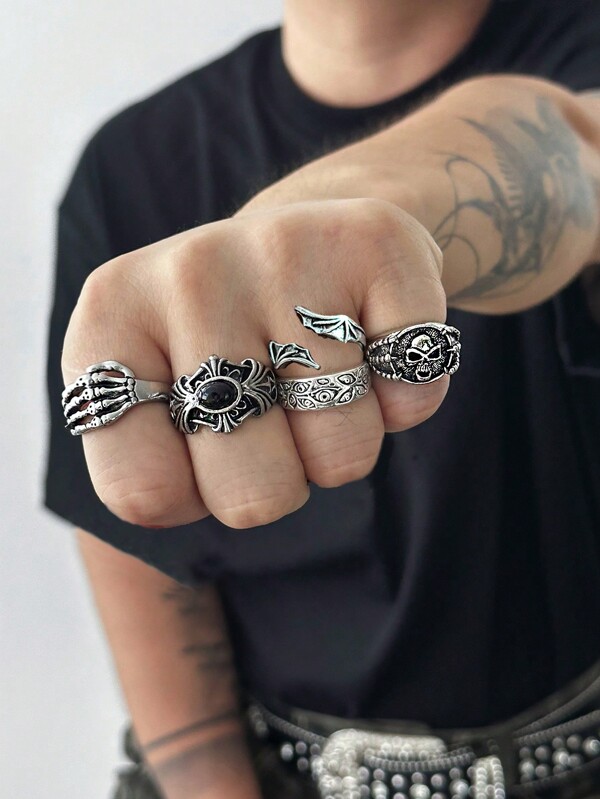 5pcs/Set Fashionable Street Punk Style Skull Eye Design Rings, Casual Everyday Wear For Men