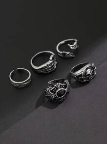 5 件/套时尚街头朋克风格骷髅眼设计戒指，男士休闲日常佩戴 - 復古銀色 - 查看 4