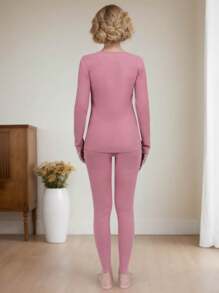 1 套秋冬春中厚针织羊毛丝绸保暖无缝内衣套装，女士温暖贴身衣物 - 玫紅色 - 查看 2