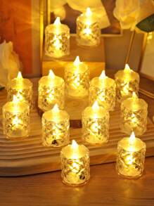 3/12/24 piezas Luces de vela electrónica de cristal acrílico de patrón mediano, a pilas, luces de vela de té con proyección de patrón de rosa, luces de vela sin llama, adecuadas para boda, Día de San Valentín, Navidad, vacaciones, decoración del hogar, decoración de mesa de Navidad - luz amarilla - Ver 3