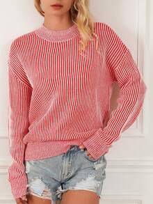 Women's Red Striped Print Ribbed Trim Round Neck Sweater