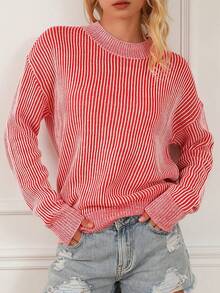 Women's Red Striped Print Ribbed Trim Round Neck Sweater