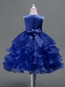 女童蝴蝶结薄纱亮片公主花童婚纱（裙衬有定位孔，属正常工艺；请参考商品详情中的尺码表选择尺码） - 藍色 - 查看 5