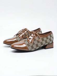 Damskie, dwukolorowe, wsuwane, płaskie buty na obcasie w kratę, na imprezę świąteczną, modne, minimalistyczne, klasyczne, codzienne, wysokie obcasy, do noszenia na co dzień, jesień/zima - Brązowy - Zobacz 6