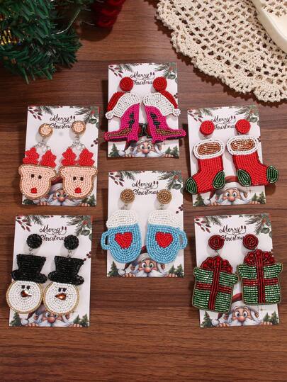 1 对手工串珠玻璃珠耳环 - 雪人、圣诞小屋、圣诞靴、圣诞派对、秘密圣诞老人礼物