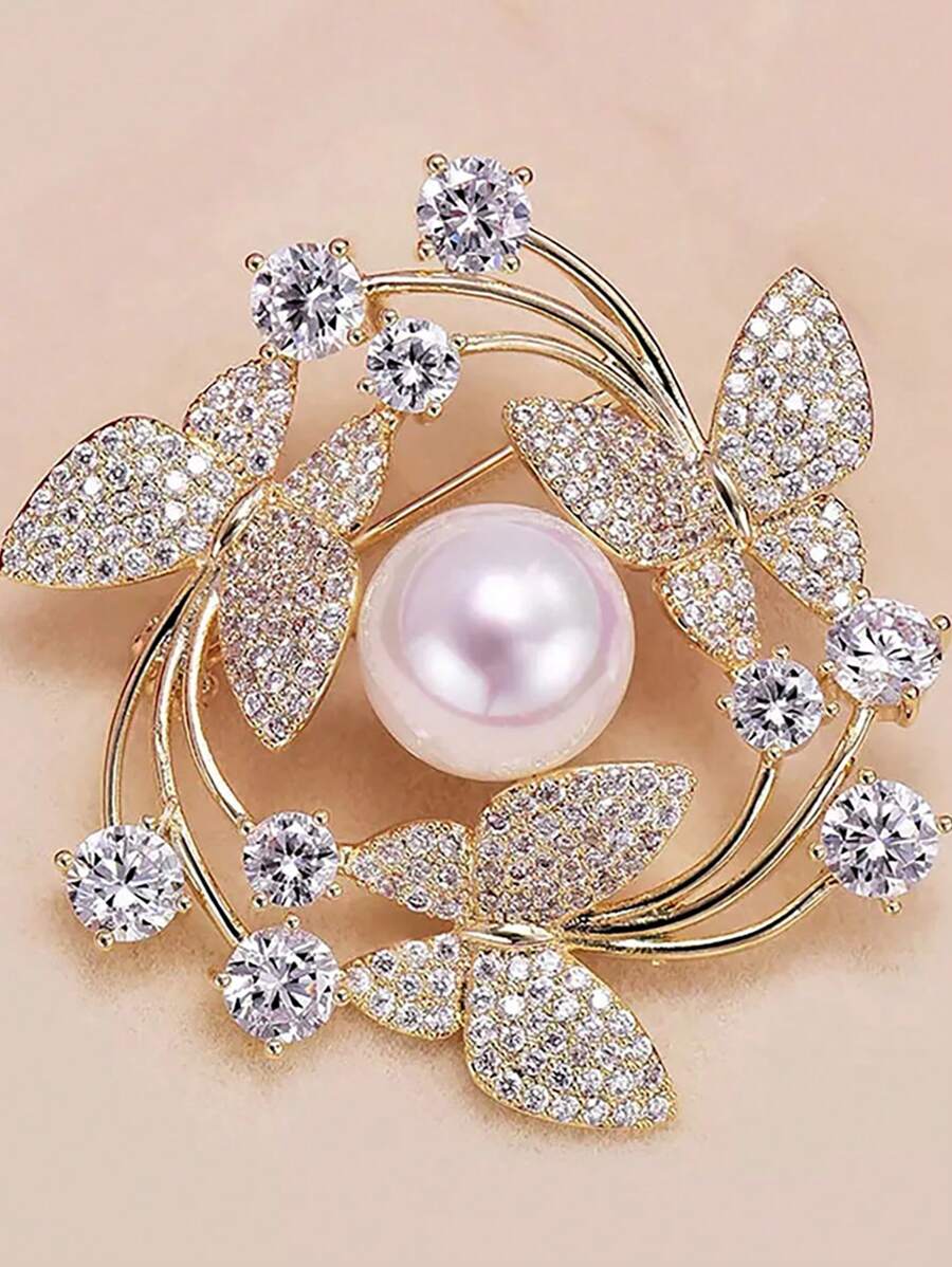1 Pieza Broche De Diseño De Mariposa Con Strass De Aleación De Zinc Glamoroso Y Decoración De Perlas Falsas Para Mujeres Para Decoración Diaria
