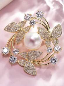 1 Pieza Broche De Diseño De Mariposa Con Strass De Aleación De Zinc Glamoroso Y Decoración De Perlas Falsas Para Mujeres Para Decoración Diaria - Dorado - Ver 3