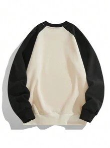 男士字母印花撞色插肩袖休闲圆领运动衫，秋冬