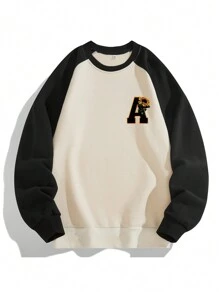 男士字母印花撞色插肩袖休闲圆领运动衫，秋冬