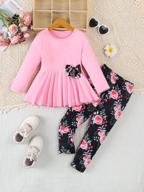 Young Girl Rose Floral Print Crew Neck Long Sleeve Top And Pants Casual Outfit, Spring/Autumn