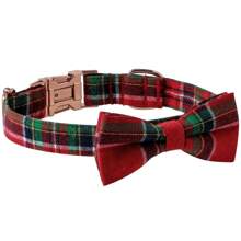 2 件套圣诞宠物配饰，英国风格红绿格子宠物领结项圈，圣诞格子玫瑰金扣领结项圈