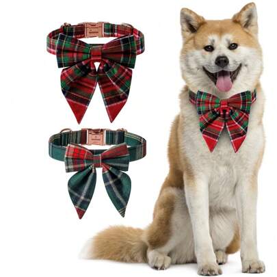 2 peças/conjunto de acessórios para animais de estimação de Natal, estilo britânico, vermelho e verde, xadrez, gravata borboleta, coleira de gravata borboleta com fivela de ouro rosa xadrez de Natal