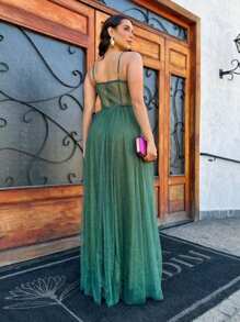LONG WEDDING PARTY DRESS FOR GRADUATES IN TULLE WITH SHINE AND CORSET - Olive Green - View 2