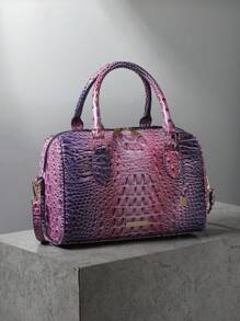 Luxury Crocodile Pattern Handbag, Retro Genuine Purse, Women's Classic Boston Bag & Shoulder Bag - 11#tím+hồng - Xem 3